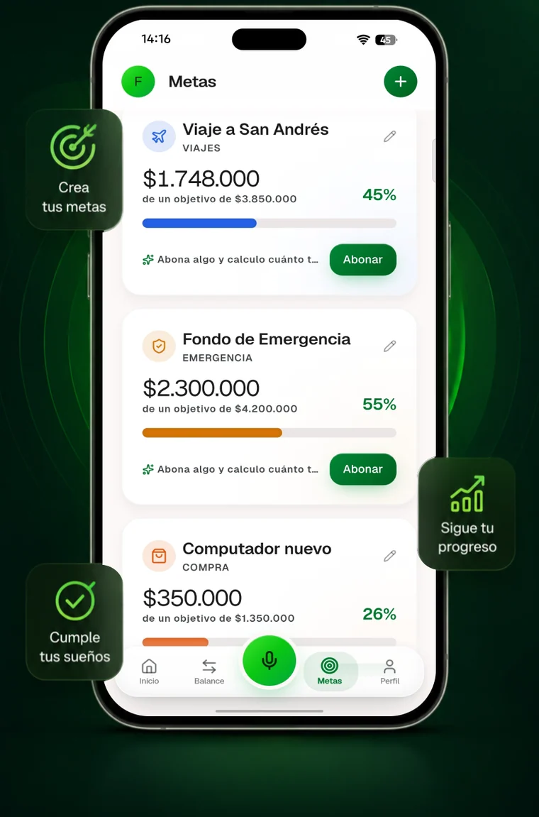 Pantalla de metas de ahorro