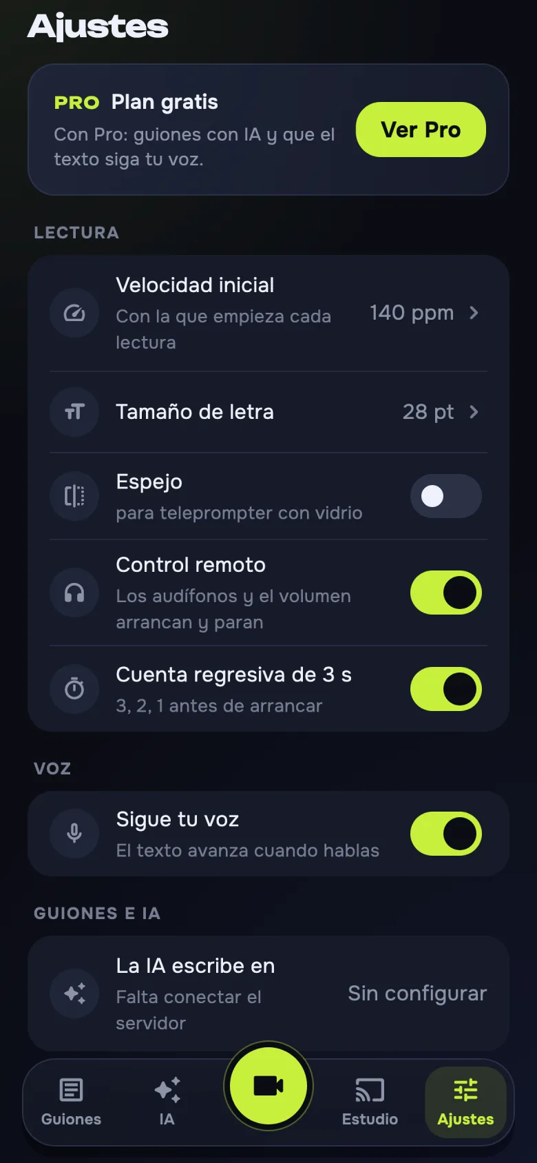 Ajustes de VYRO Prompt con la tarjeta de Pro