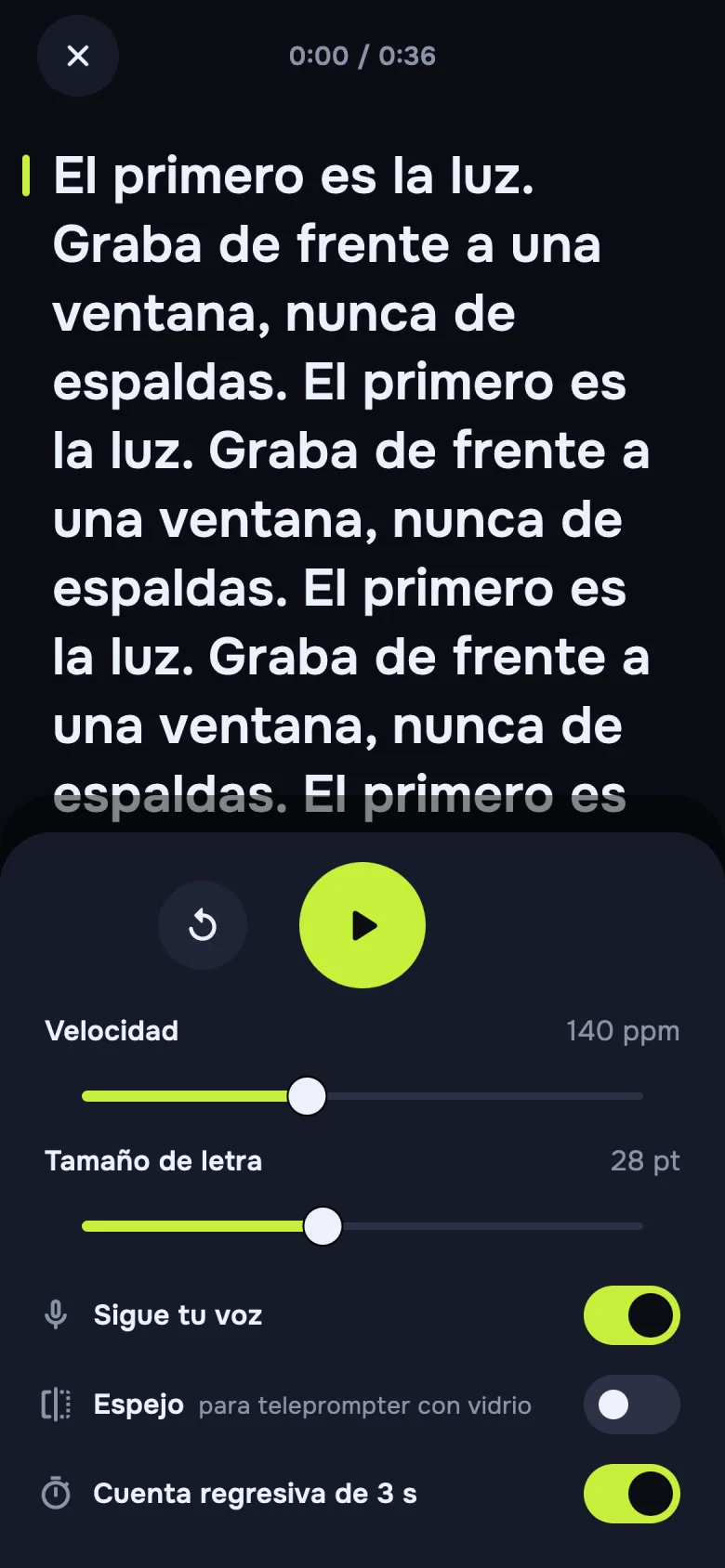 Pantalla de lectura con velocidad, tamaño de letra y seguir tu voz