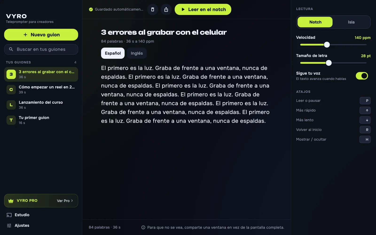 VYRO Prompt para Mac con el panel de lectura y los atajos